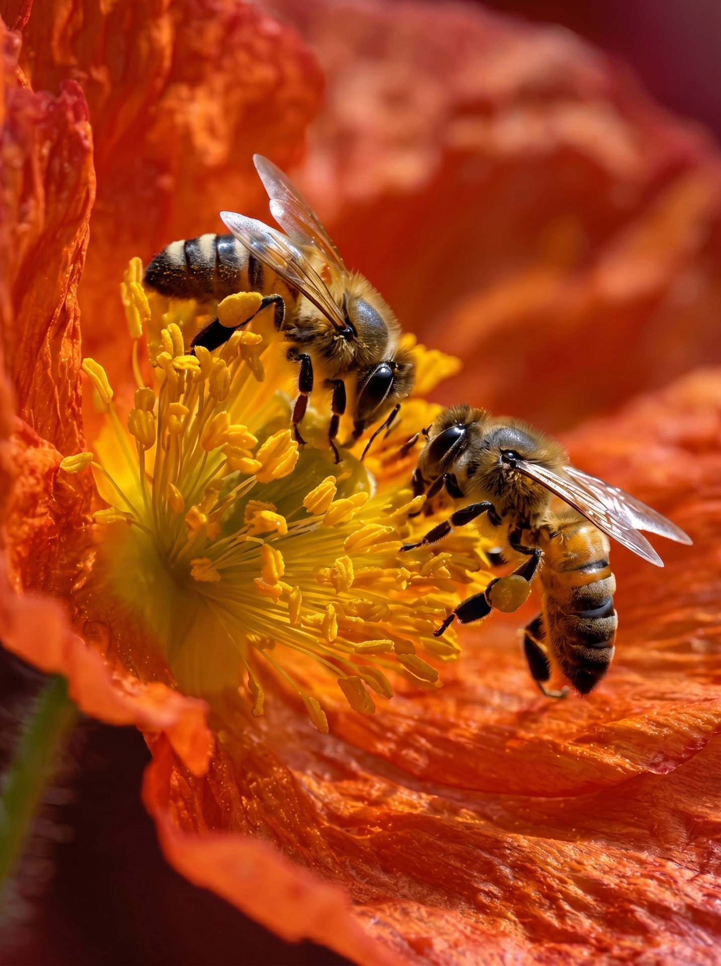 Two honeybees gathering pollen from the yellow center of a vivid orange poppy
