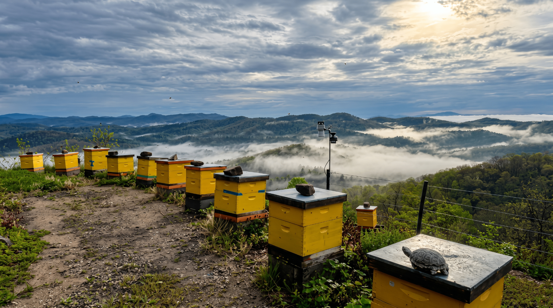 Row of yellow beehives on a misty mountain ridge at sunrise overlooking forested valleys